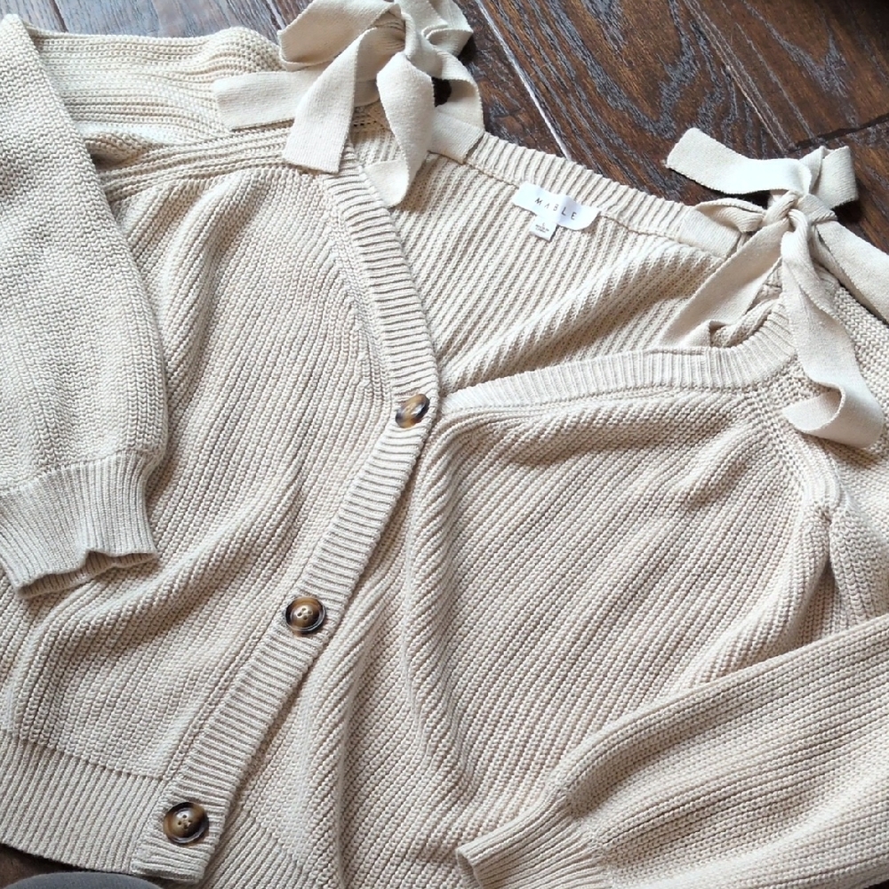 MABLE I Cream Off Shoulder Self-Tie Strap Button Down Cardigan Sweater, L - Picture 3 of 14